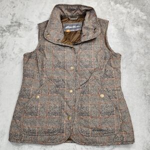 Eddie Bauer Vest Womens small Brown Plaid Puffer Sport Shop. Like new.